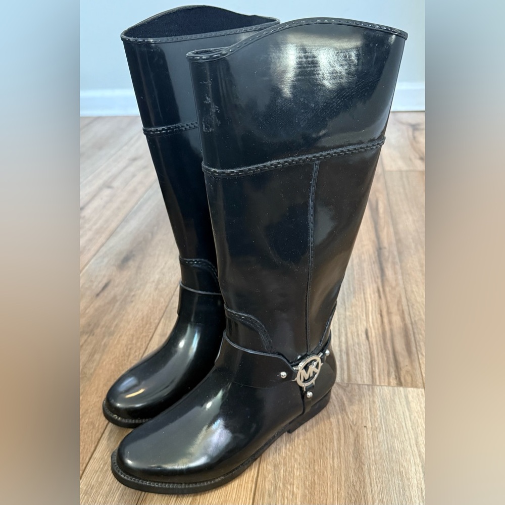 Michael Kors Fulton Riding Style Rain Boots Black Rubber MK Silver Logo Size 8M